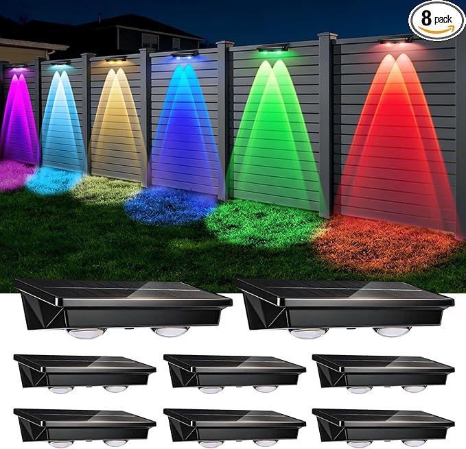 Solar Fence Lights Outdoor 8Pack, Warm White & 6 Color Change and Glass Panel, Waterproof High Brightness Solar LED | Lumora
