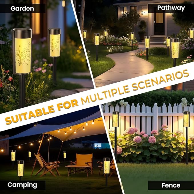 4 Pack Solar Pathway Lights Outdoor Waterproof Musical notes stave line symbols for staff music key note theme Treble Solar Garden Lights LED Landscape Lighting for Yard Walkway Lawn Garden Decor