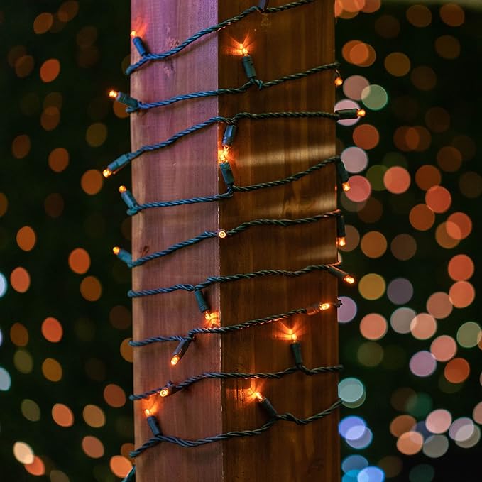 Novelty Lights 25ft 50 LED Amber Christmas Lights Outdoor/Indoor, 6" Spacing, Green Wire String Lights for Festive Xmas Lighting, IP55, UL Listed, Dimmable, Connectable