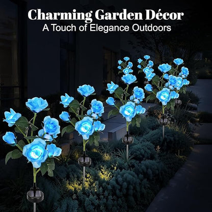 Solar Rose Lights Outdoor, 2 Pack with 14 Rose Flowers Waterproof Color Changing LED Flower Lights, Solar Powered Garden Stakes for Yard, Patio, Pathway Decor - Artificial Floral Decorative Lighting