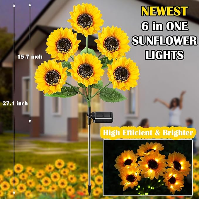 Solar Garden Lights - Solar Flower Lights 12 Sunflower 60 LED Solar Stake Lights Outdoor Waterproof for Garden,Yard, Lawn,Pathway,Patio,Backyard,Gifts for Mom(2 Pack)