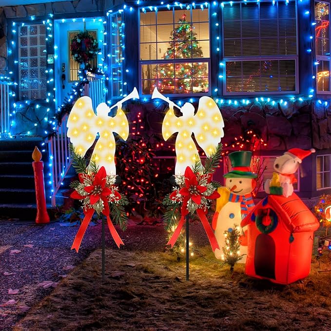 Baquler 2 Pack Solar Christmas Angel Stake Lights 32 Inches Solar Powered Xmas Angel Metal Stake Lights with Poinsettia for Outdoor Christmas Yard Pathway Garden Lawn Decorations