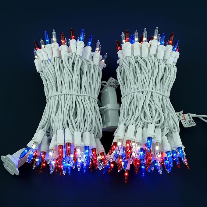 YULETIME 200 Red, White & Blue Christmas Lights, Pack of 2 Sets 33 Feet 100 Count Incandescent-Like LED Mini String Lights (Red, White & Blue - White Wire)