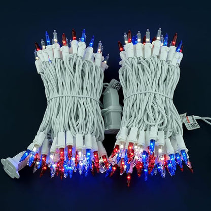 YULETIME 200 Red, White & Blue Christmas Lights, Pack of 2 Sets 33 Feet 100 Count Incandescent-Like LED Mini String Lights (Red, White & Blue - White Wire)