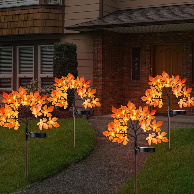 VIHOSE 4 Pcs Fall Maple Outdoor Solar Lights Thanksgiving Decorations LED Tree Lights Powered Solar Stake Waterproof for Outside with Adjustable Branches Autumn Decorations for Yard Lawn Patio