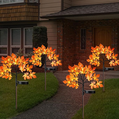 VIHOSE 4 Pcs Fall Maple Outdoor Solar Lights Thanksgiving Decorations LED Tree Lights Powered Solar Stake Waterproof for Outside with Adjustable Branches Autumn Decorations for Yard Lawn Patio