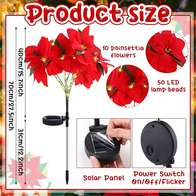 VIHOSE 4 Pcs Christmas Solar Poinsettia Lights Outdoor Artificial Flowers Landscape Waterproof Solar Poinsettia Lights for Yard Lawn Patio Garden Pathway Xmas Party Supplies (10 Flowers,Red)