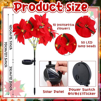 VIHOSE 4 Pcs Christmas Solar Poinsettia Lights Outdoor Artificial Flowers Landscape Waterproof Solar Poinsettia Lights for Yard Lawn Patio Garden Pathway Xmas Party Supplies (10 Flowers,Red)