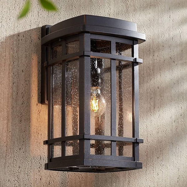 John Timberland Neri Mission Industrial Box-Shaped Outdoor Wall Light Fixture Oil Rubbed Bronze 16" Clear Seedy | Lumora