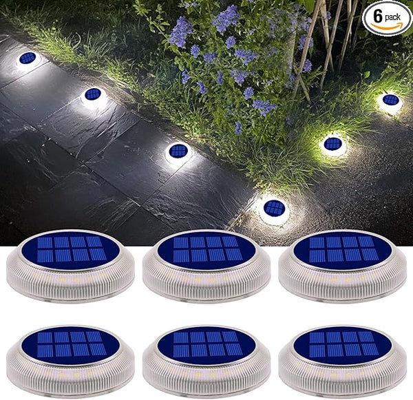 Solar Deck Lights Outdoor Waterproof, 6 Pack White Round Deck Lights Solar Powered, Flat Stick on Ground Disc Light | Lumora