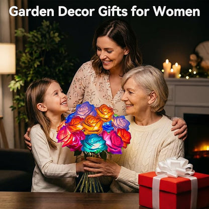 KOOPER 6 Pack Solar Lights Outdoor Garden Decor, 7 Color Changing Solar Flowers Outdoor Waterproof with 30 Bigger & Realistic Rose, Enlarged Size Panel for Patio Yard Garden Cemetery Decoration, Gifts