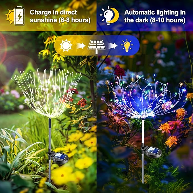 Anordsem Solar Lights Outdoor Waterproof: 2 Pack Garden Light - Bendable Copper Wire with 120 LED Firework Beads - DIY Colorful Fun Decoration for Yard Patio - Twinkle Sparkler Gifts for Women Wife