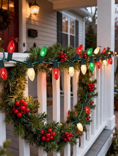 25Ft Christmas Lights Outdoor, C9 Multicolor Christmas Lights with 26 Red Green & White Incandescent Bulbs, Vintage String Lights for Holiday, Xmas, Roofline, Wedding- Green Wire