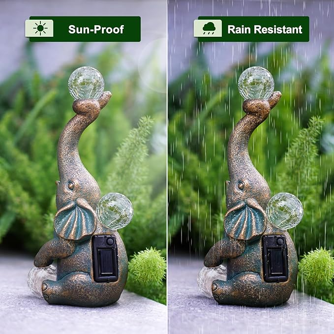Solar Elephant Statue Outdoor Decor with 15 LED Crackle Ball, Garden Patio Sculpture Light, Waterproof Lucky | Lumora