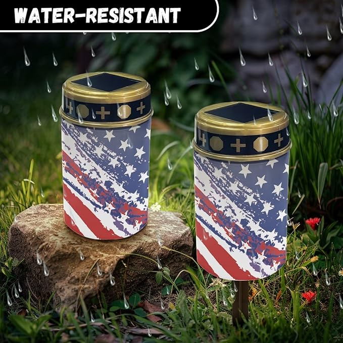 USA Flag Print Garden Lights Outdoor Decorative - Cemetary Solar Lights for Remembrance Lawn