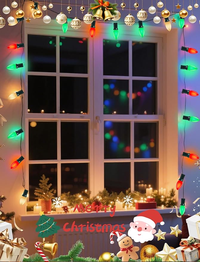 25Ft Vintage Christmas Lights C9 LED Red Green and White Outdoor String Lights with 26 C9 Bulbs (1 Spare) | Lumora