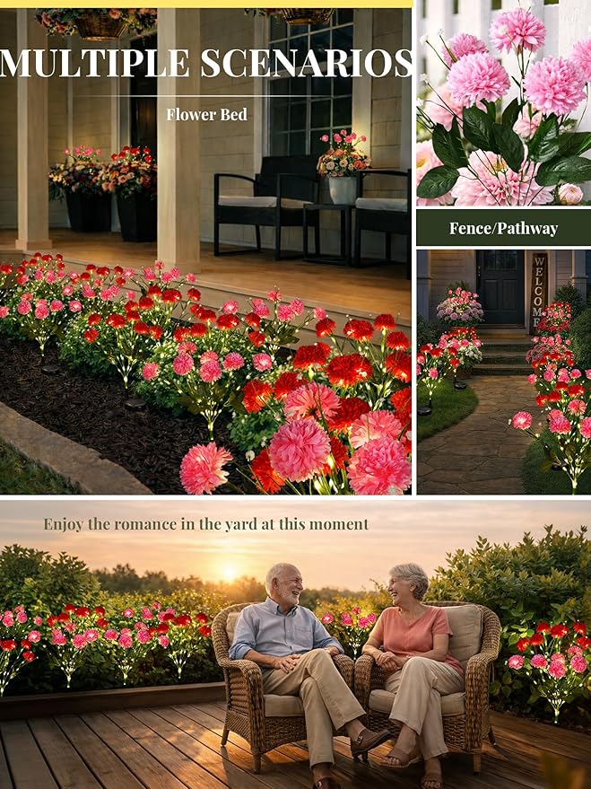 GIGALUMI Solar Lights Outdoor for Garden Decor, 2 Pack Solar Flower Lights Waterproof, 2 Lighting Modes 14 Flowers for Pathway,Yard, Patio Decoration, Gardening Gifts for Women (Pink+Red)