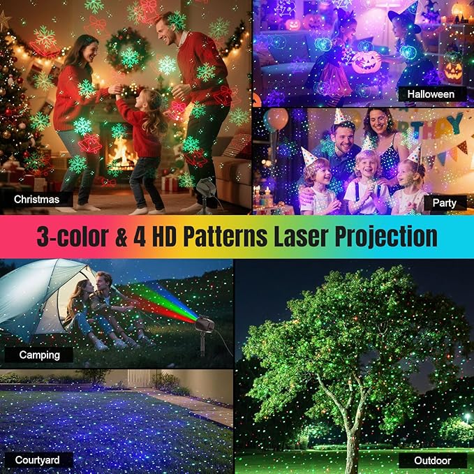Christmas Laser Lights Projector Outdoor with 4 Dynamic Slides, 2-in-1 Moving RGB Firefly Laser Lights with Remote,Timer, Landscape Holiday Porjector for Window Wall