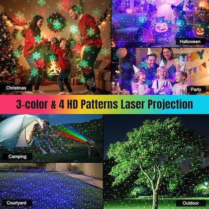 Christmas Laser Lights Projector Outdoor with 4 Dynamic Slides, 2-in-1 Moving RGB Firefly Laser Lights with Remote,Timer, Landscape Holiday Porjector for Window Wall