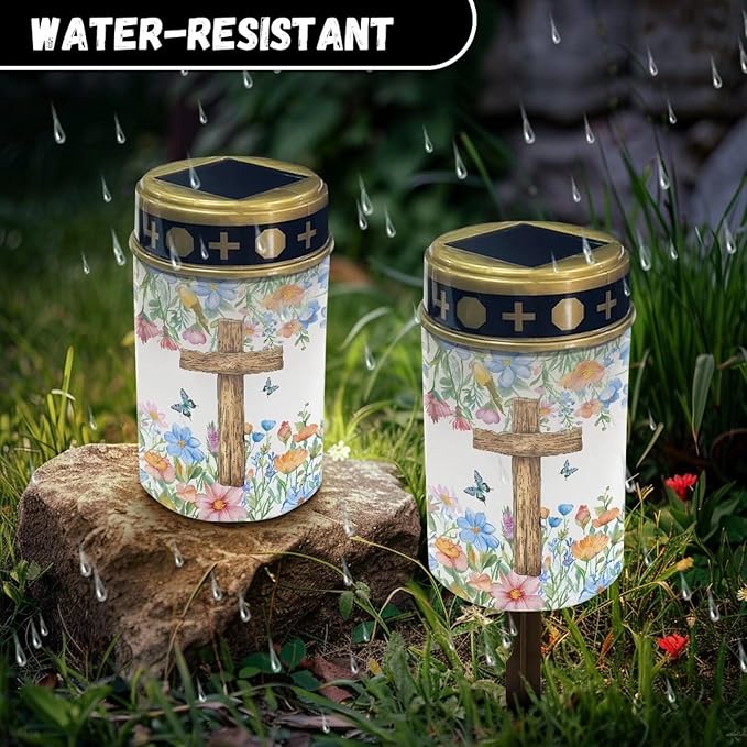 Cross Floral Solar Landscape Lights Outdoor Soft White Solar Cemetery Lights for Grave Solar Cemetery Lamp Blessed Candles for Home Memorial Decoration,Yard Path Stake Lights