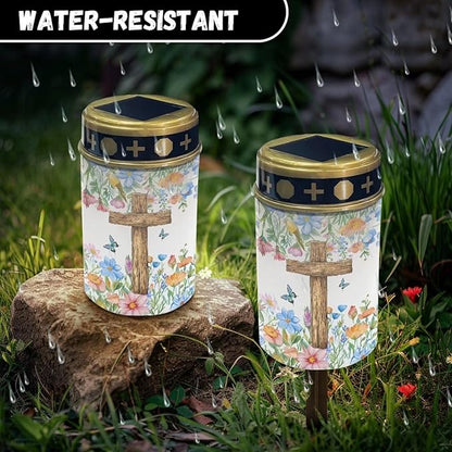 Cross Floral Solar Landscape Lights Outdoor Soft White Solar Cemetery Lights for Grave Solar Cemetery Lamp Blessed Candles for Home Memorial Decoration,Yard Path Stake Lights