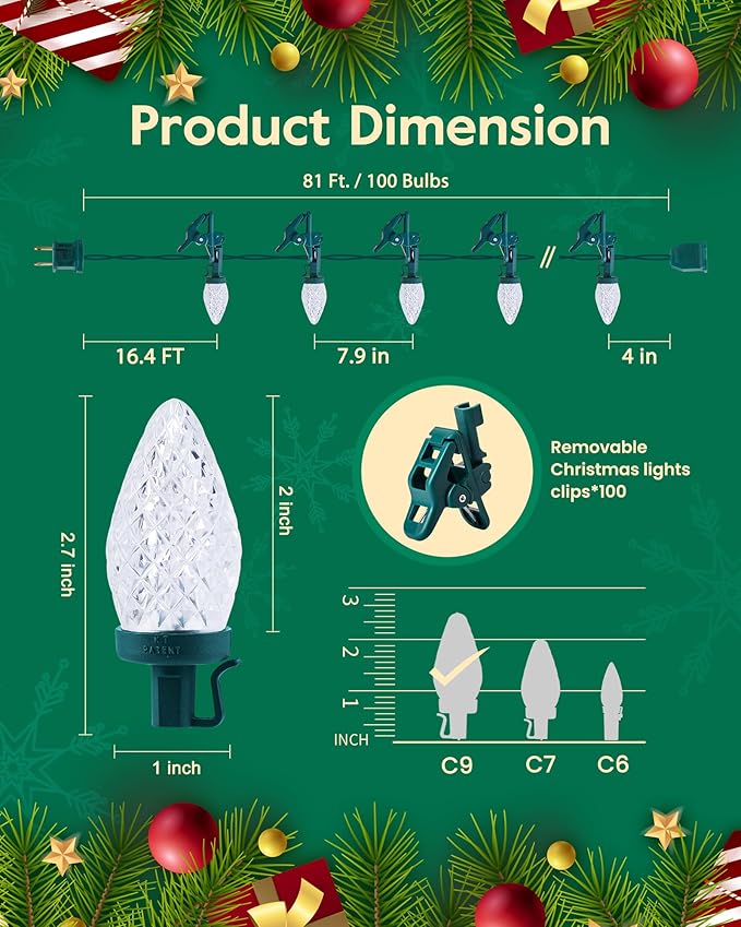 C9 LED Christmas Lights Outdoor with 100 Spring Clips, 65FT 100 LED C9 String Lights Waterproof Connectable for Roofline Patio House Yard Windows Xmas Tree Indoor Outdoor Christmas Decorations, White