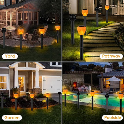 GOESWELL Solar Post Lights Decorative Fence: 27 inch Tall Large Landscape Path Lights with Chains for Pool Driveway Patio Garden - Set of 3 Flickering Flame Lights and 2 Post