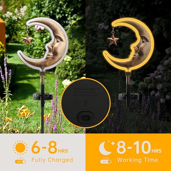 2pack Moom solar garden lights decor, Solar Moon Stars lights outdoor,gifts for Dad,Garden outside decorative,solar powered neon light for pathway,Housewarming Ornament for Yard,Lawn,Patio (Copper)