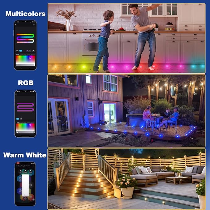 LED Deck Lights Kit 50 Pack, 1.22" Low Voltage WiFi RGBW+IC Multicolor Dynamic Recessed Deck Lighting Work with Alexa/Google Home, IP67 Waterproof 12V Step Lights Outdoor for Garden Yard Path Stairs