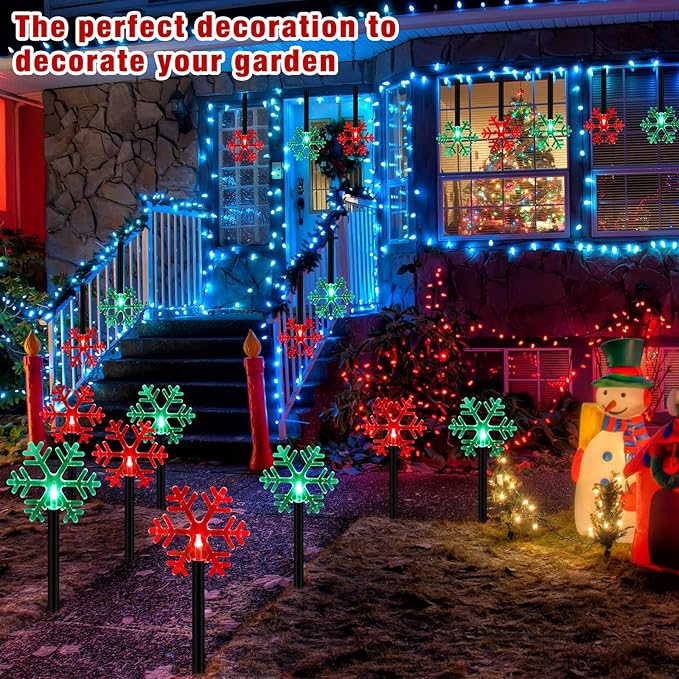 Macarrie 20 Pcs Solar Christmas Snowflake Pathway Lights Outdoor LED Christmas Decorations Waterproof Stake Lights Xmas Decorative Lights for Garden Yard Christmas Decor(Red Green Light)