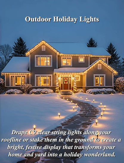 C9 Clear Christmas String Lights 25Ft C9 Outdoor Lights String with 26 Clear Bulbs, Hanging Christmas Roofline Light Patio Lights for Outdoor Decor 7 Watt C9/E17 Intermediate Base-Green Wire