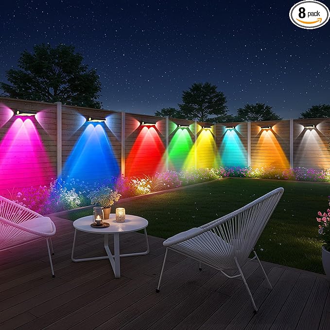 OUTON Solar Fence Lights Outdoor 8 Pack, 10 RGBCW Lighting Modes LED Deck Lights, 3-Way 50LM Dusk to Dawn Solar Powered Wall Light, IP65 Waterproof Step Light for Fence Garden Backyard Gutter Patio