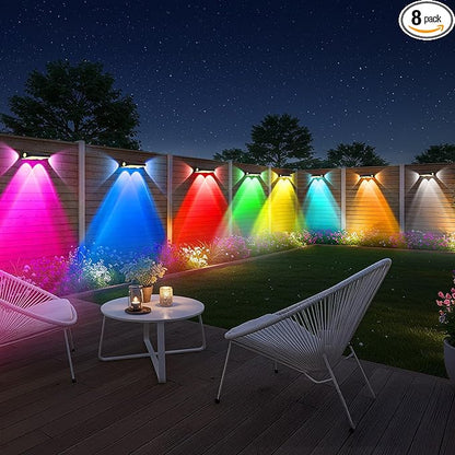 OUTON Solar Fence Lights Outdoor 8 Pack, 10 RGBCW Lighting Modes LED Deck Lights, 3-Way 50LM Dusk to Dawn Solar Powered Wall Light, IP65 Waterproof Step Light for Fence Garden Backyard Gutter Patio