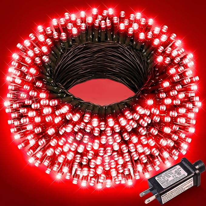 Red Christmas Lights Outdoor, 100FT 300 LED Christmas Tree Lights with 8 Modes Waterproof, Plug in Connectable String Twinkle Lights Green Wire for Indoor Patio Garden Xmas Holiday Decorations