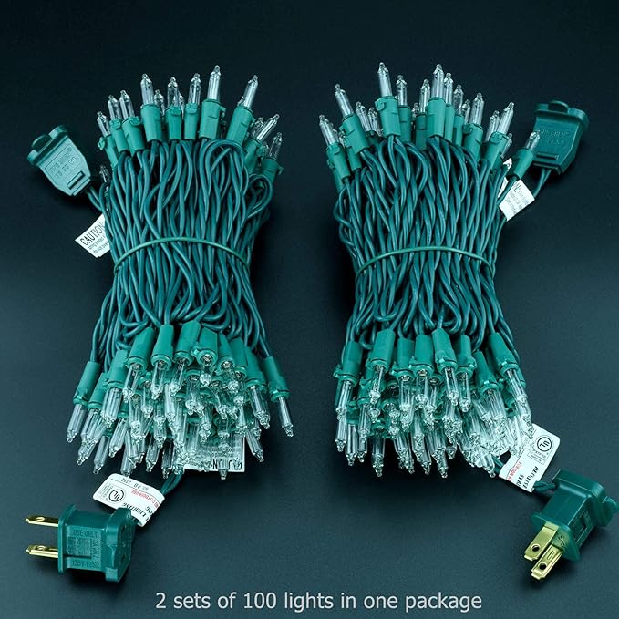 YULETIME 200 Clear Christmas Lights, Pack of 2 Sets 33 Feet 100 Count UL Certified Incandescent String Lights (Clear - Green Wire)