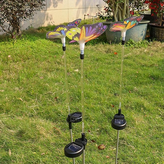 3pcs Solar Fiber Optic Color-Changing Butterfly Garden Lamps Outdoor Waterproof Landscape Pathway Solar Lights for Lawn and Patio Decoration