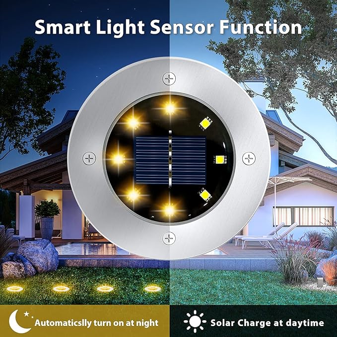 12 Pack 8LED Solar Garden Lights Outdoor Waterproof Sidewalk Disk Bright In-Ground Landscape Lighting for Lawn | Lumora
