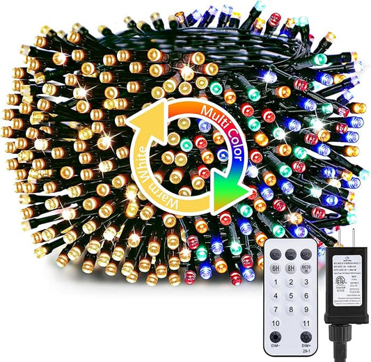 Minetom Christmas Tree Lights, 66ft 200 LED Outdoor Christmas Lights with Remote, 8 Modes String Lights Plug in with Timer for Outside Party Decor, Warm White & Multicolor