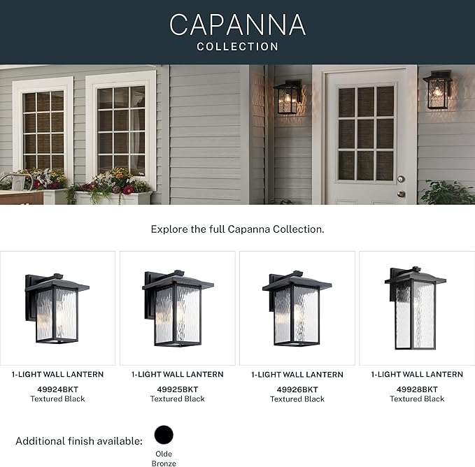 Kichler Capanna 13.25" Outdoor Wall Light in Black, 1-Light Exterior Wall Sconce Porch Light with Clear Water Glass, (13.25" H x 8.5" W), 49925BKT