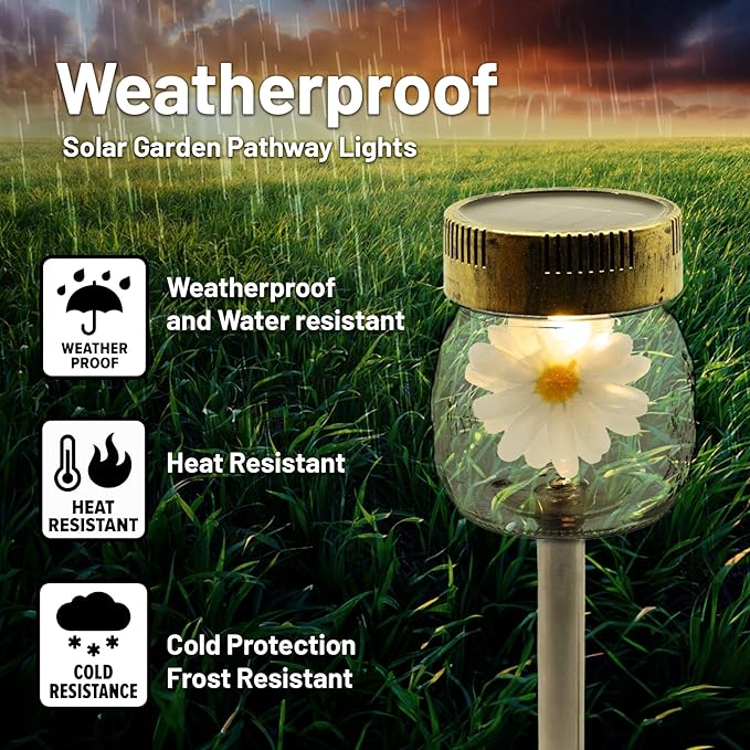 Crosslight 3-Pack Glass Daisy Flower in a Jar Stake Lights - Solar LED Waterproof Outdoor Garden Decor - Decorative Electronic Light Fixture Jars for Yard, Lawn, Patio, Deck, Pathway, Pond, Backyard
