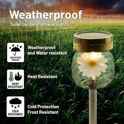 Crosslight 3-Pack Glass Daisy Flower in a Jar Stake Lights - Solar LED Waterproof Outdoor Garden Decor - Decorative Electronic Light Fixture Jars for Yard, Lawn, Patio, Deck, Pathway, Pond, Backyard