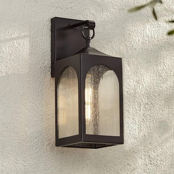 Possini Euro Design Tyne Modern Outdoor Wall Light Fixture Bronze Lantern 16 1/2" Seedy Glass Shade for Exterior | Lumora