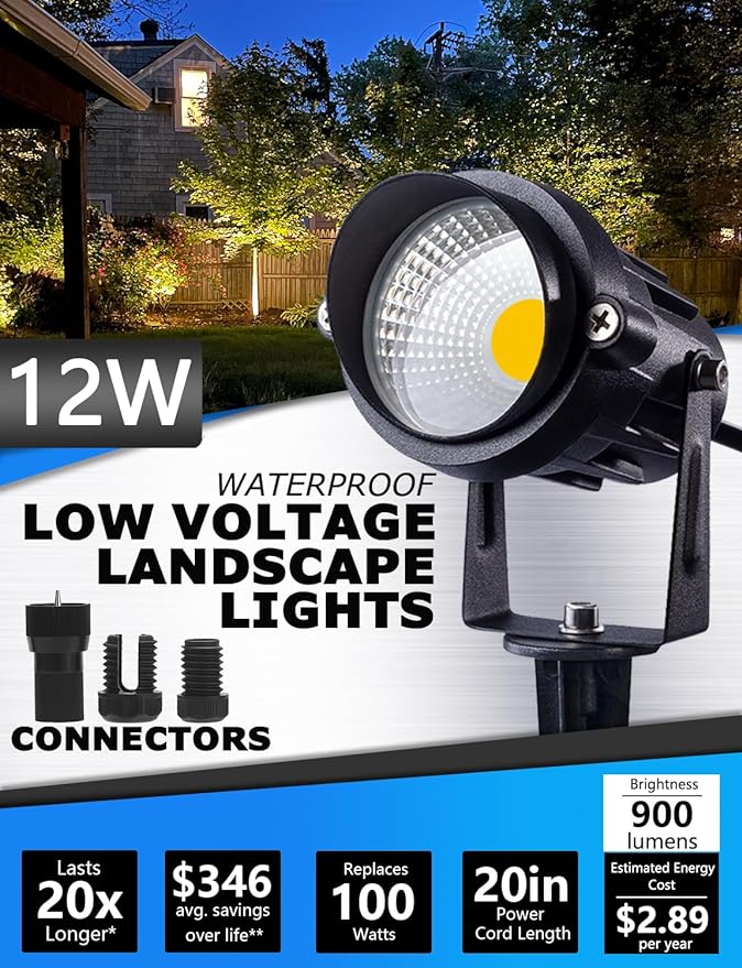 SUNVIE 12W Low Voltage LED Landscape Lights with Connectors, Outdoor 12V Super Warm White (900LM) Waterproof Garden | Lumora