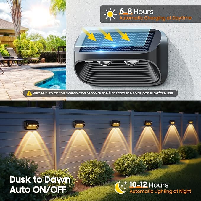 LETMY 12 Pack Solar Fence Lights Outdoor Waterproof, Bright Lens LED Fence Deck Lights Solar Powered with 2 Modes for Fence Yard Step Stair Patio Railing