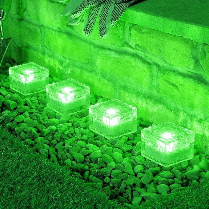 2 Pack Solar Path Ice Cube Lights Outdoor, Waterproof Garden Glass Path Light Solar Ice Light Crystal Brick Landscape Light (Green)