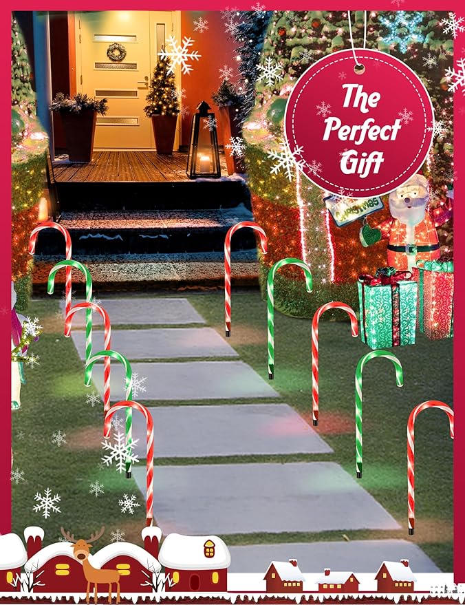 Christmas Candy Cane Pathway Markers Lights, Outdoor Christmas Decorations for Yard Patio Porch Garden Walkway, Candy Cane Christmas Decor with 48 LED, 8 Pack (Red & Green)