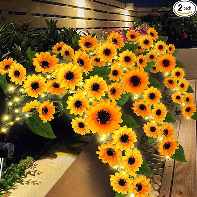 Solar Garden Lights Outdoor, Solar Sunflower Lights with 46 Lifelike Sunflower, Waterproof 90 Bright LED Fall Flowers Garden Decor for Patio Flower Bed Yard, Gift for Mom (2 Pack)