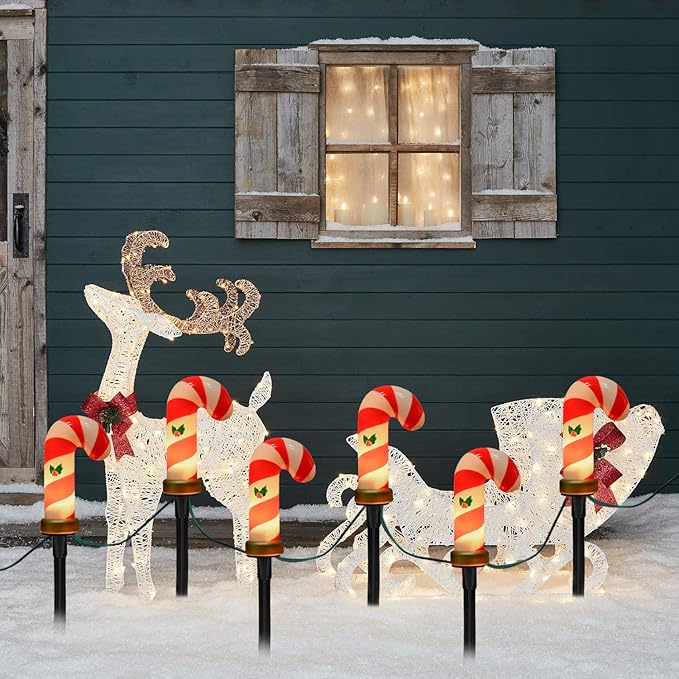 C7 Christmas Pathway String Lights, Set of 8 Christmas Candy Cane Driveway Markers with 4 C7 Clear Bulbs, Waterproof String Lights for Pathway Decor Outdoor Decoration
