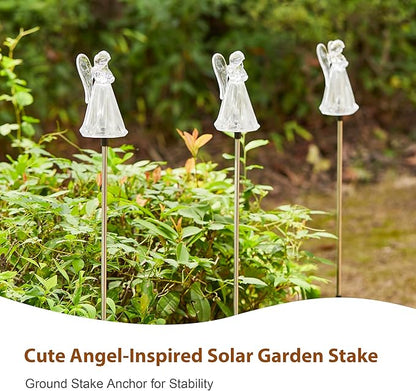 Glitzhome Solar Lights Outdoor 3 Pack Solar Angel Stake Lights with Stainless Steel Pole for Garden Deck Patio Landscape Decorating
