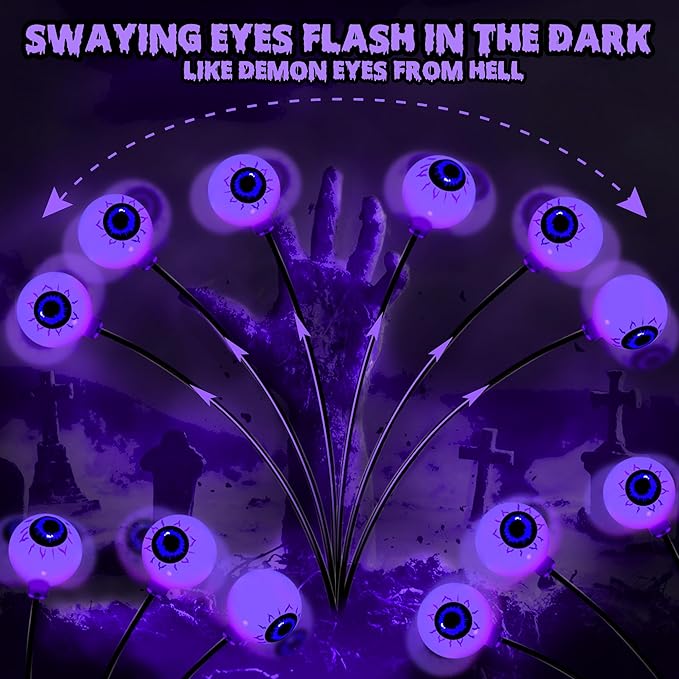 Brizled Purple Solar Halloween Lights, 2 Pack Total 12 LED Halloween Eyeball Lights, 2 Modes Outdoor Purple Swaying Firefly Light Waterproof Scary Pathway Lighting for Outside Garden Yard Lawn Path